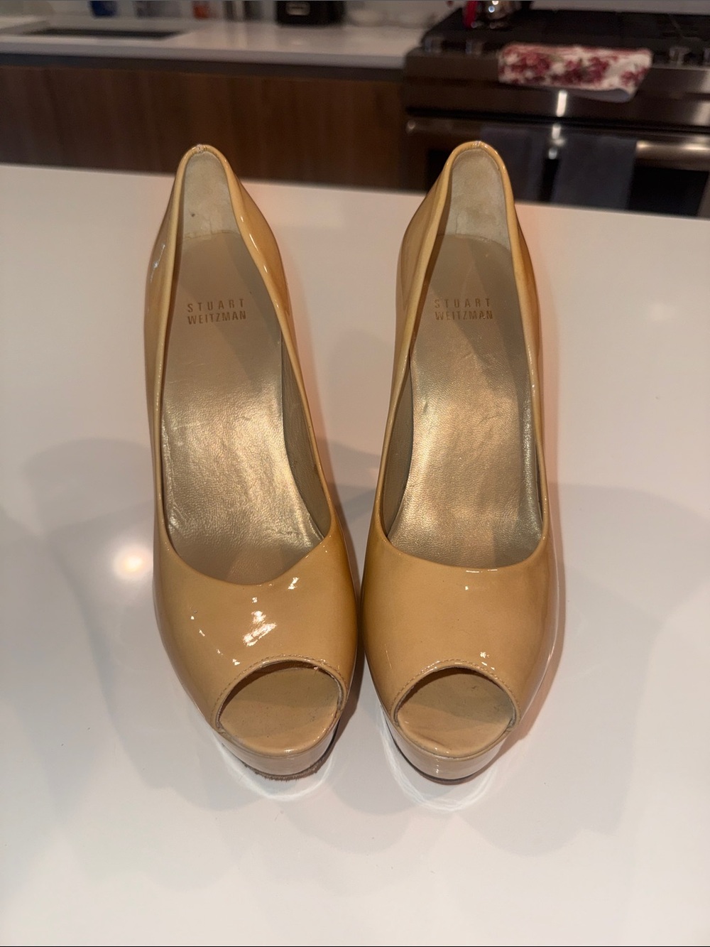 Stuart Weitzman Nude Patent Peep-Toe Pumps